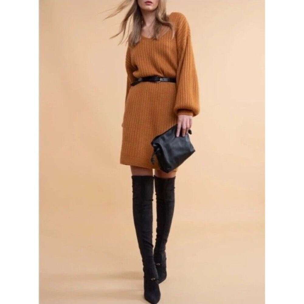 Rachel Parcell Wool Blend Balloon Sleeve Sweater Dress Size S Fall Pumpkin Spice
